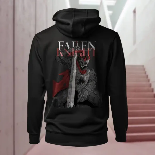 Back view of black Dark Fantasy hoodie displaying a fallen knight sitting still, sword plunged into the ground, with a visibly large hole in his armor rear graphic placement and hood detail