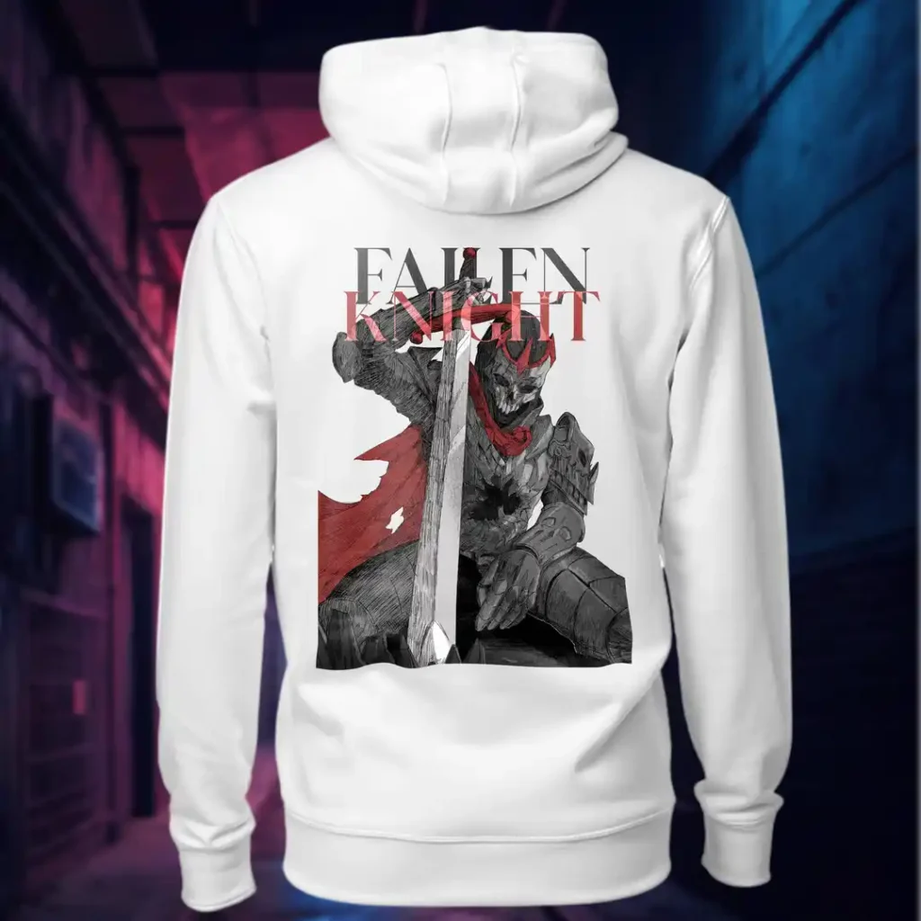 Back view of white Dark Fantasy hoodie displaying a fallen knight sitting still, sword plunged into the ground, with a visibly large hole in his armor rear graphic placement and hood detail