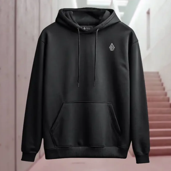 Front view of black pullover hoodie featuring a fallen knight sitting still, sword plunged into the ground, with a visibly large hole in his armor