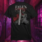 Back view of black Dark Fantasy shirt displaying a fallen knight sitting still, sword plunged into the ground, with a visibly large hole in his armor rear graphic placement