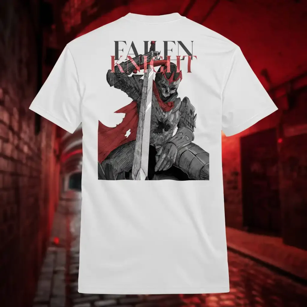 Back view of white Dark Fantasy shirt displaying a fallen knight sitting still, sword plunged into the ground, with a visibly large hole in his armor rear graphic placement