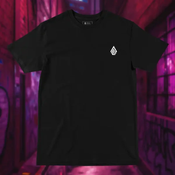 Front view of black shirt featuring a fallen knight sitting still, sword plunged into the ground, with a visibly large hole in his armor