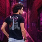 A male model with his back turned wearing a black Dark Fantasy tshirt featuring a fallen knight sitting still, sword plunged into the ground, with a visibly large hole in his armor