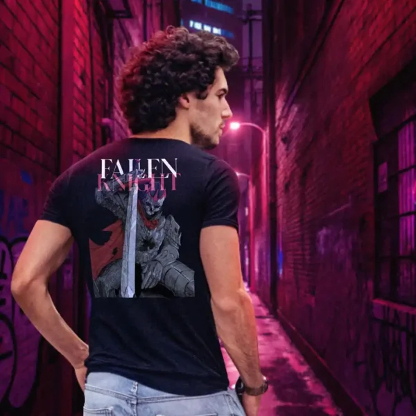 A male model with his back turned wearing a black Dark Fantasy tshirt featuring a fallen knight sitting still, sword plunged into the ground, with a visibly large hole in his armor