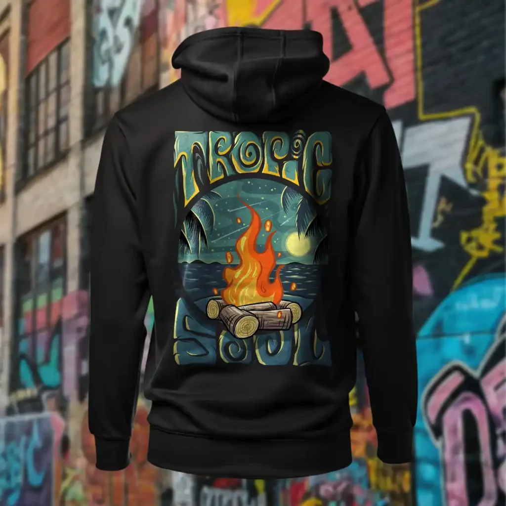 Back view of black Tropic Soul hoodie displaying the Moon Fire and night sky over the sea rear graphic placement and hood detail.