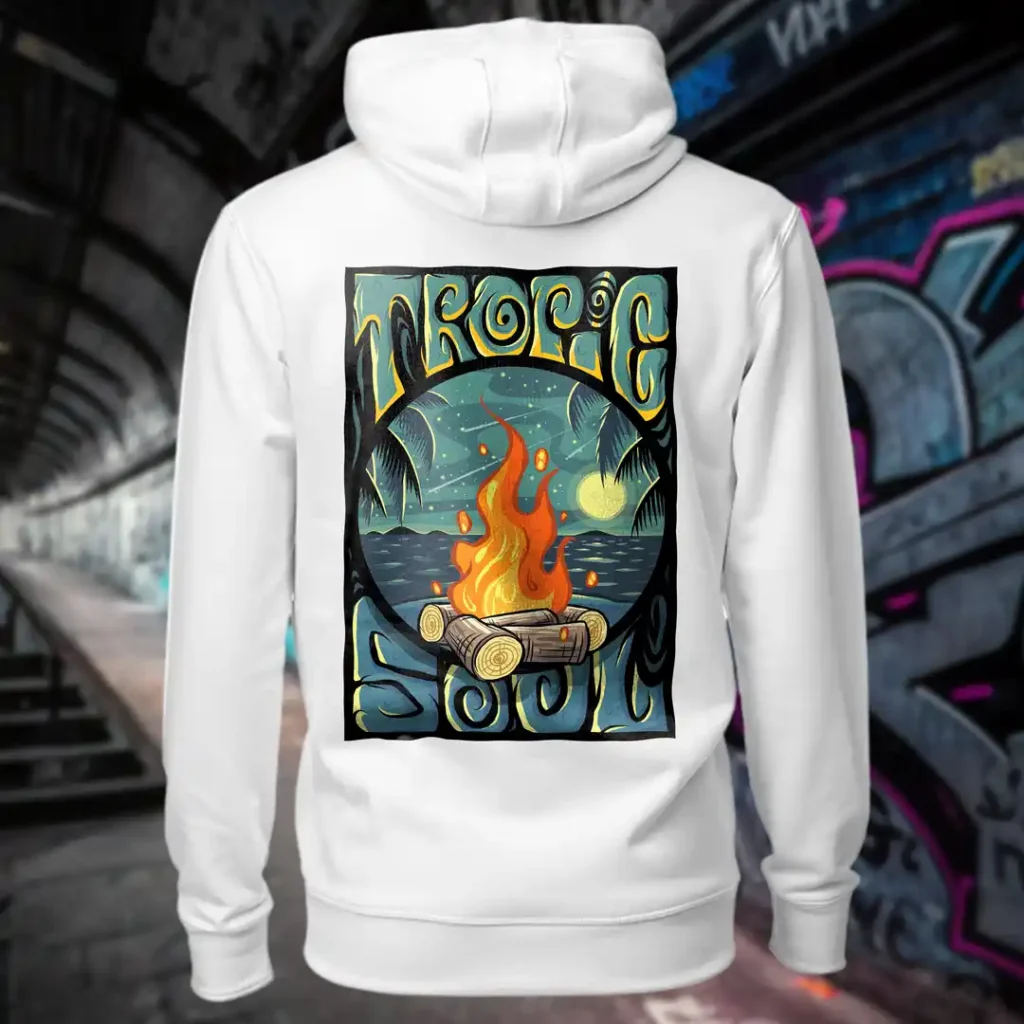 Back view of white Tropic Soul hoodie displaying the Moon Fire and night sky over the sea rear graphic placement and hood detail.