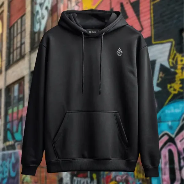 Front view of black pullover hoodie featuring the Moon Fire and night sky over the sea graphic.