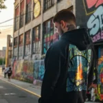 A male model with his back turned wearing a black tropic soul hoodie featuring the Moon Fire and night sky over the sea graphic.