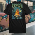 Back view of black Tropic Soul tshirt displaying the Moon Fire and night sky over the sea rear graphic placement.