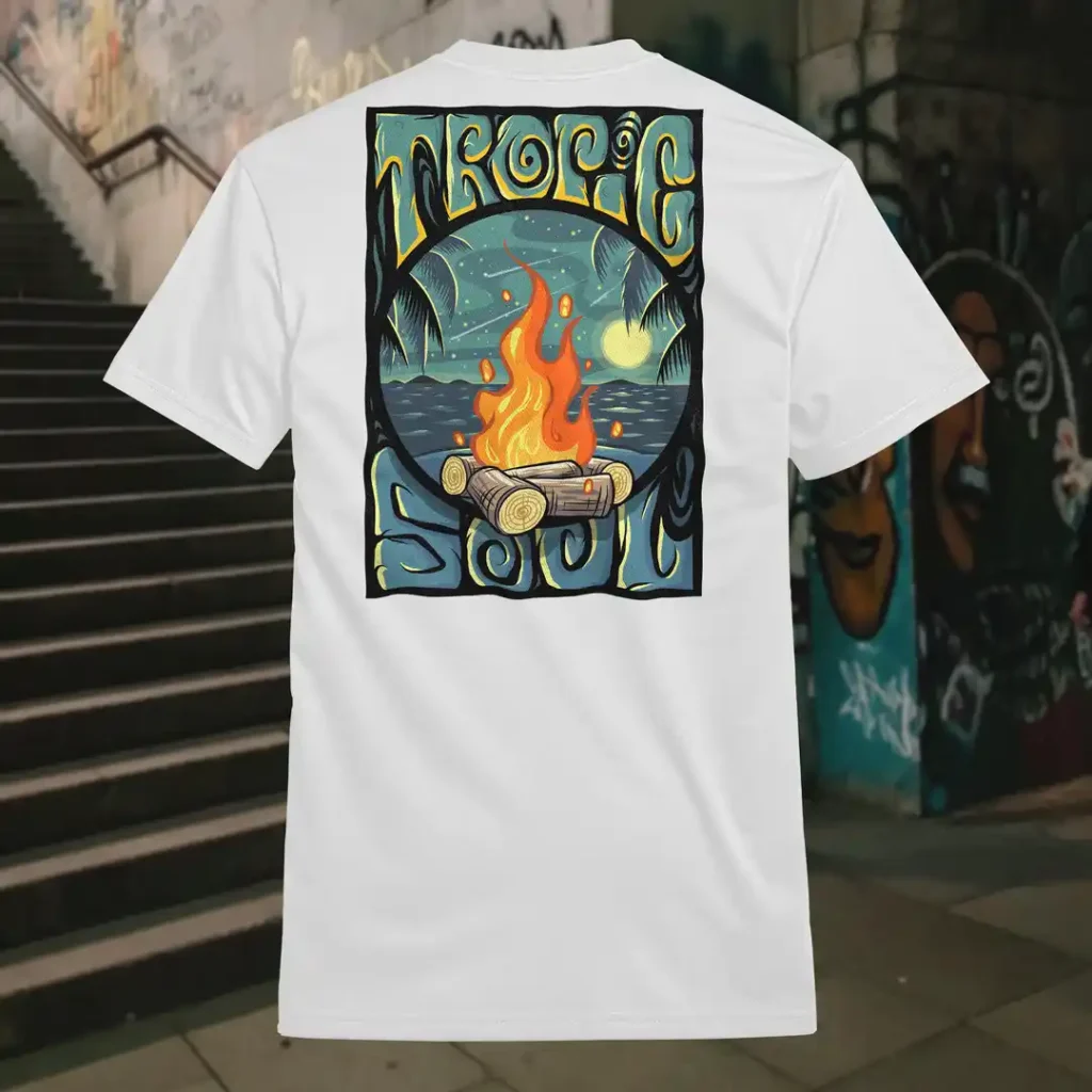 Back view of white Tropic Soul tshirt displaying the Moon Fire and night sky over the sea rear graphic placement.