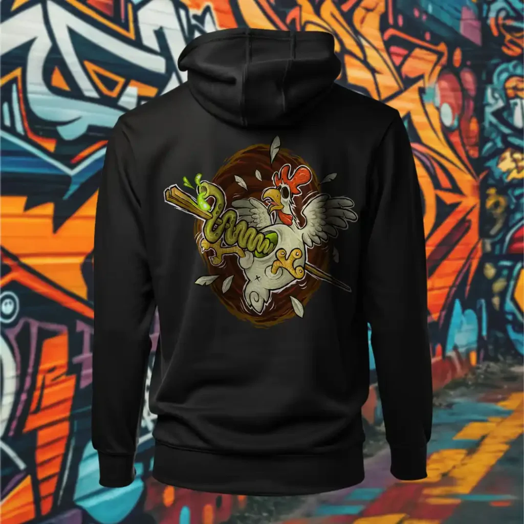 Back view of black Easy Days hoodie displaying a chicken skewered by a wooden stick and intestines rear graphic placement and hood detail.