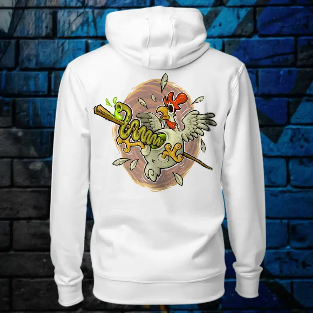 Back view of white Easy Days hoodie displaying a chicken skewered by a wooden stick and intestines rear graphic placement and hood detail.