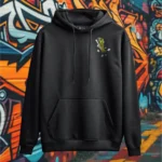 Front view of black pullover hoodie featuring a chicken skewered by a wooden stick and intestines graphic.