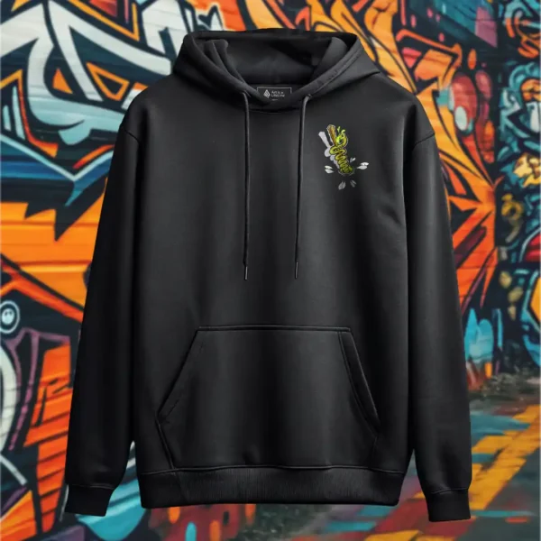 Front view of black pullover hoodie featuring a chicken skewered by a wooden stick and intestines graphic.