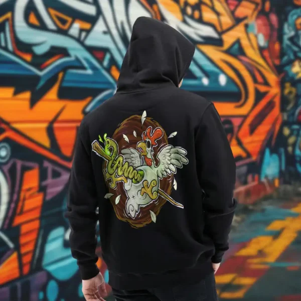 A male model with his back turned wearing a black Easy Days hoodie featuring a chicken skewered by a wooden stick and intestines graphic.