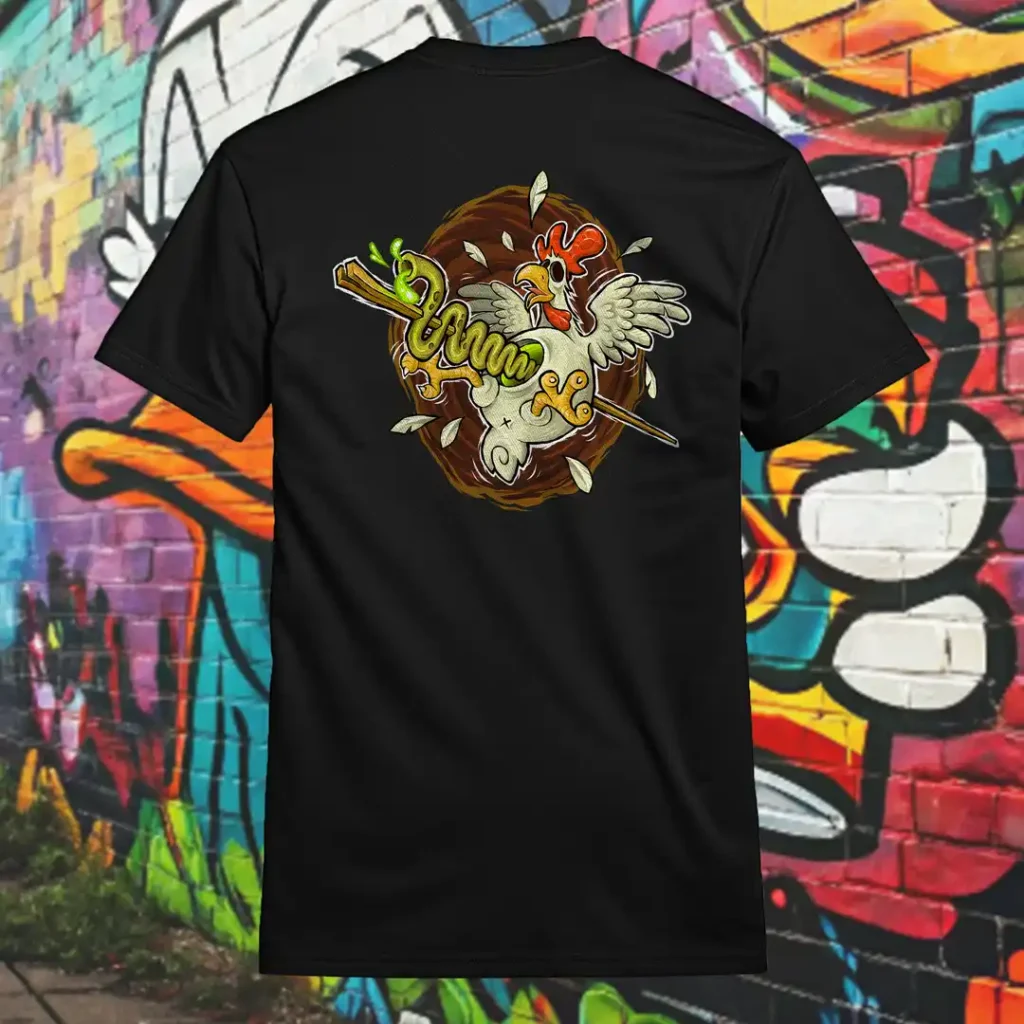 Back view of black Easy Days tshirt displaying a chicken skewered by a wooden stick and intestines rear graphic placement.