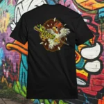 Back view of black Easy Days tshirt displaying a chicken skewered by a wooden stick and intestines rear graphic placement.