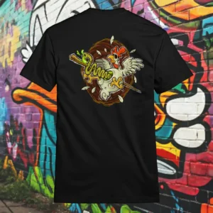 Back view of black Easy Days tshirt displaying a chicken skewered by a wooden stick and intestines rear graphic placement.