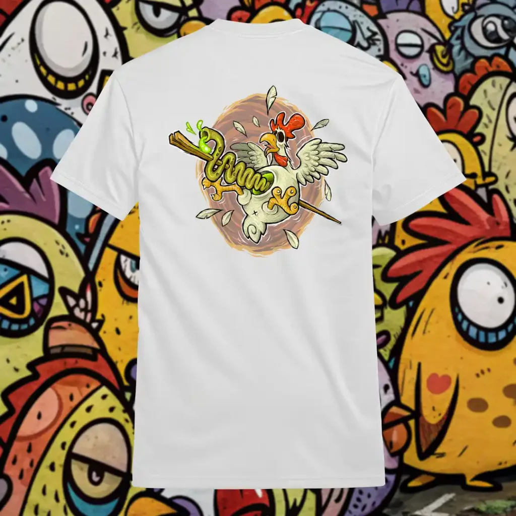 Back view of white Easy Days tshirt displaying a chicken skewered by a wooden stick and intestines rear graphic placement.