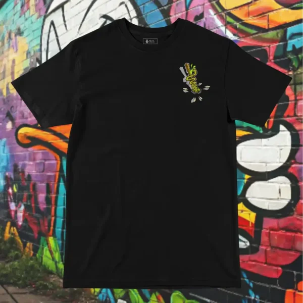 Front view of black tshirt featuring a chicken skewered by a wooden stick and intestines graphic.