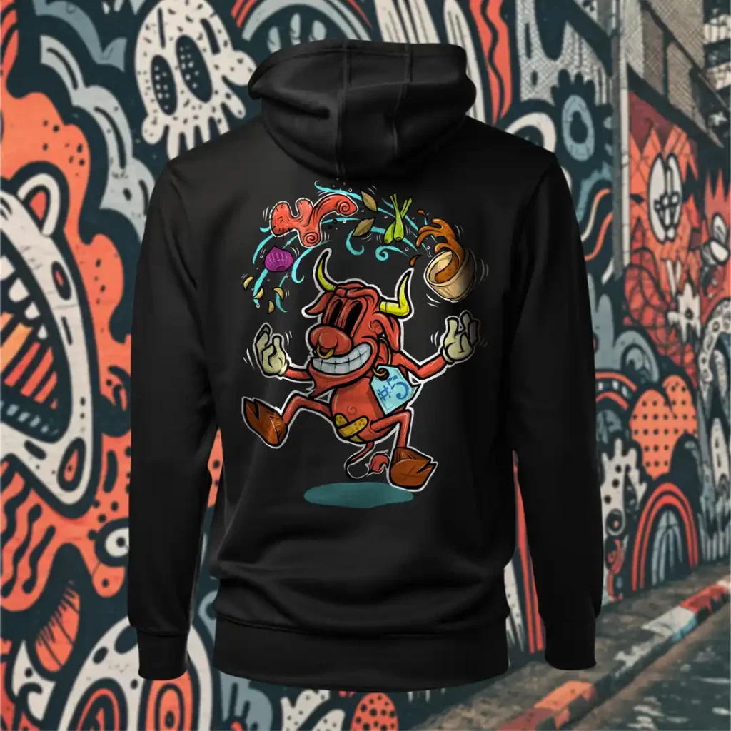 Back view of black Easy Days hoodie displaying a cow juggling spices and ingredients for an exotic soup with a bandaid on its crotch rear graphic placement and hood detail.