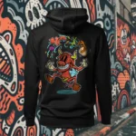 Back view of black Easy Days hoodie displaying a cow juggling spices and ingredients for an exotic soup with a bandaid on its crotch rear graphic placement and hood detail.