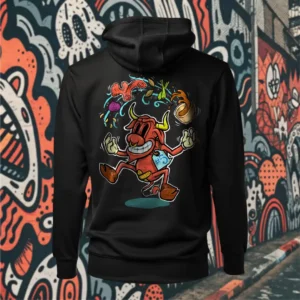 Back view of black Easy Days hoodie displaying a cow juggling spices and ingredients for an exotic soup with a bandaid on its crotch rear graphic placement and hood detail.