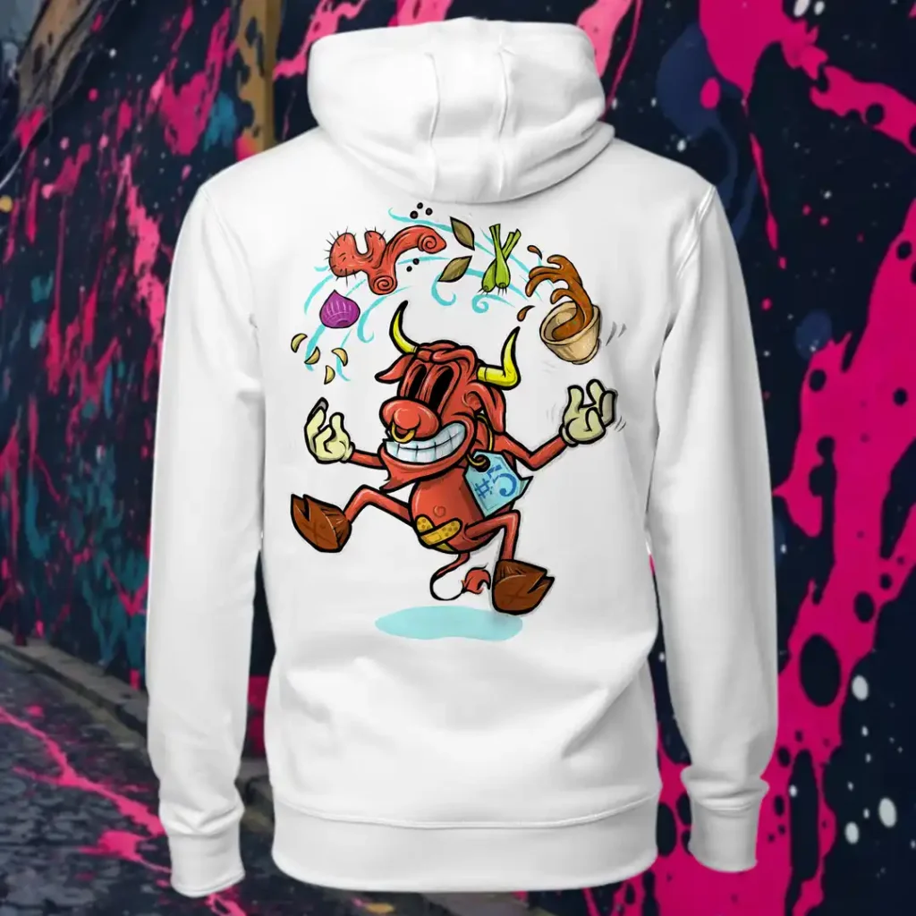 Back view of white Easy Days hoodie displaying a cow juggling spices and ingredients for an exotic soup with a bandaid on its crotch rear graphic placement and hood detail.