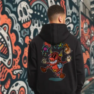 A male model with his back turned wearing a black Easy Days hoodie featuring a cow juggling spices and ingredients for an exotic soup with a bandaid on its crotch.