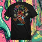 Back view of black Easy Days tshirt displaying a cow juggling spices and ingredients for an exotic soup with a bandaid on its crotch rear graphic placement.