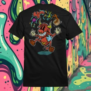 Back view of black Easy Days tshirt displaying a cow juggling spices and ingredients for an exotic soup with a bandaid on its crotch rear graphic placement.