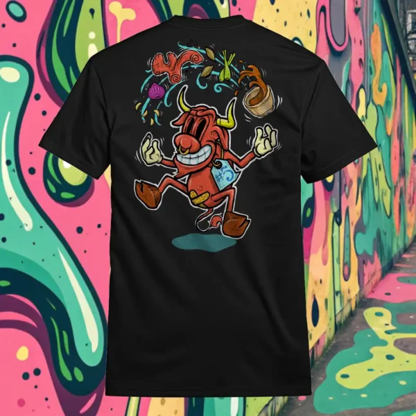 Back view of black Easy Days tshirt displaying a cow juggling spices and ingredients for an exotic soup with a bandaid on its crotch rear graphic placement.