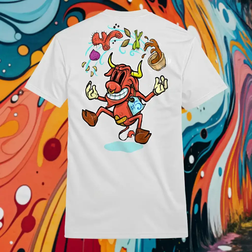 Back view of white Easy Days tshirt displaying a cow juggling spices and ingredients for an exotic soup with a bandaid on its crotch rear graphic placement.