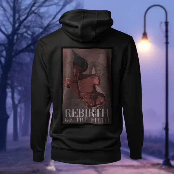 Back view of black Dark Fantasy hoodie displaying a grotesque creature, seemingly being born, wriggling from its attachment rear graphic placement and hood detail