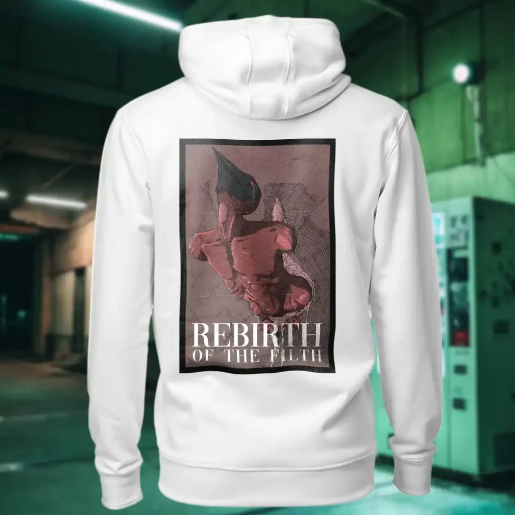 Back view of white Dark Fantasy hoodie displaying a grotesque creature, seemingly being born, wriggling from its attachment rear graphic placement and hood detail