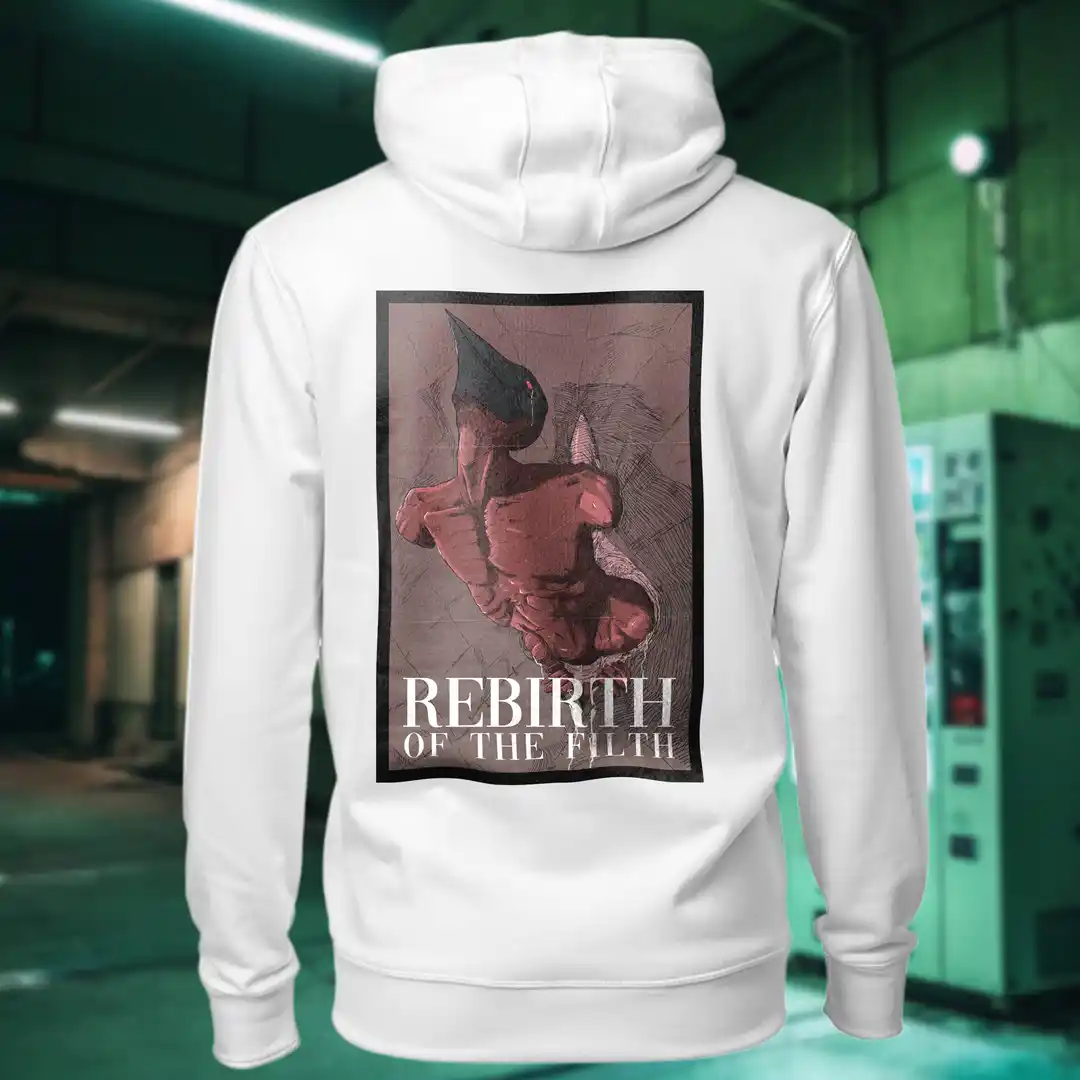 Back view of white Dark Fantasy hoodie displaying a grotesque creature, seemingly being born, wriggling from its attachment rear graphic placement and hood detail