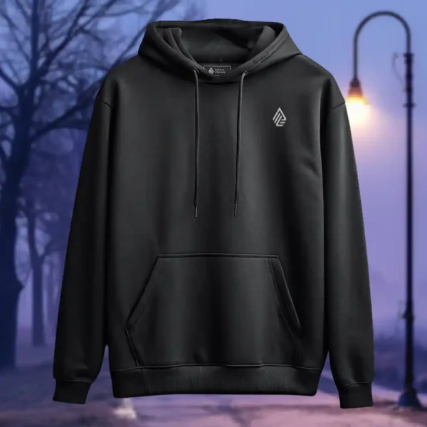Front view of black pullover hoodie featuring a grotesque creature, seemingly being born, wriggling from its attachment