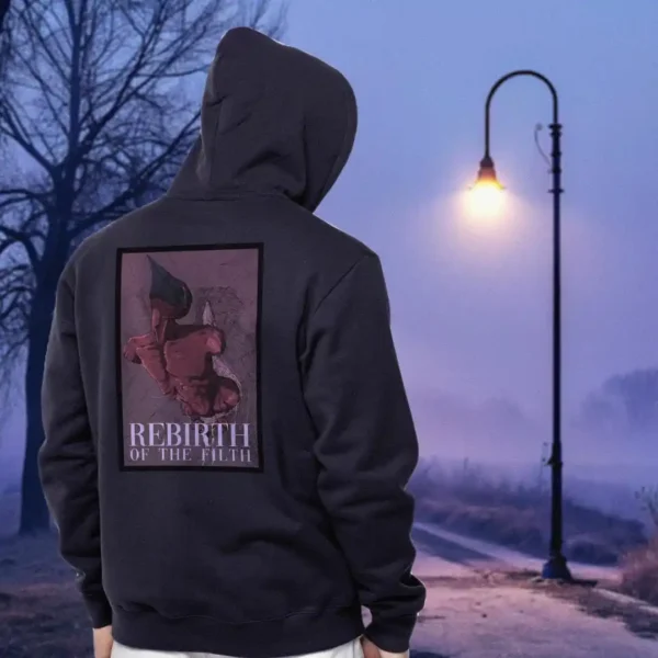 A male model with his back turned wearing a black Dark Fantasy hoodie featuring a grotesque creature, seemingly being born, wriggling from its attachment