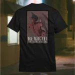 Back view of black Dark Fantasy shirt displaying a grotesque creature, seemingly being born, wriggling from its attachment rear graphic placement