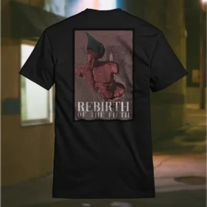 Back view of black Dark Fantasy shirt displaying a grotesque creature, seemingly being born, wriggling from its attachment rear graphic placement