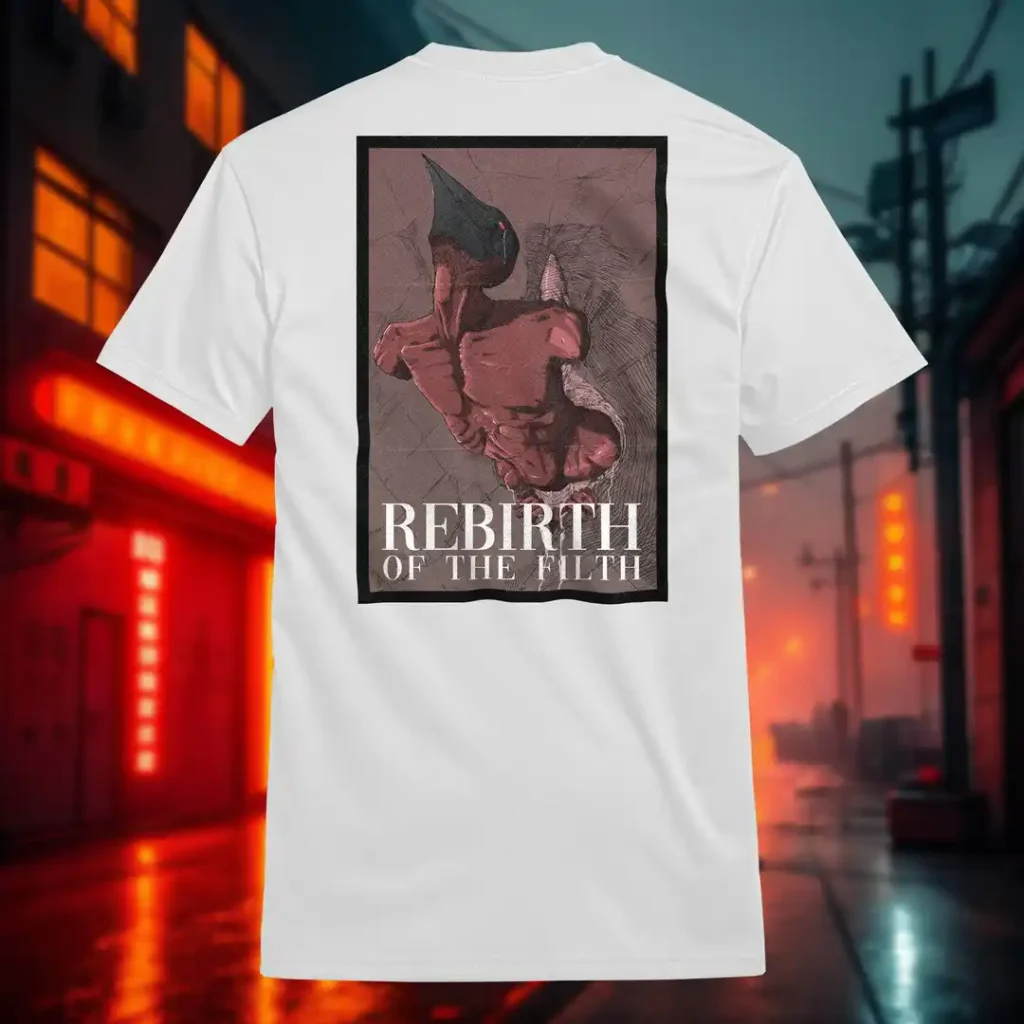 Back view of white Dark Fantasy shirt displaying a grotesque creature, seemingly being born, wriggling from its attachment rear graphic placement