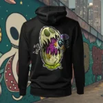 Back view of black Easy Days hoodie displaying a monsterfied balut egg rear graphic placement and hood detail.