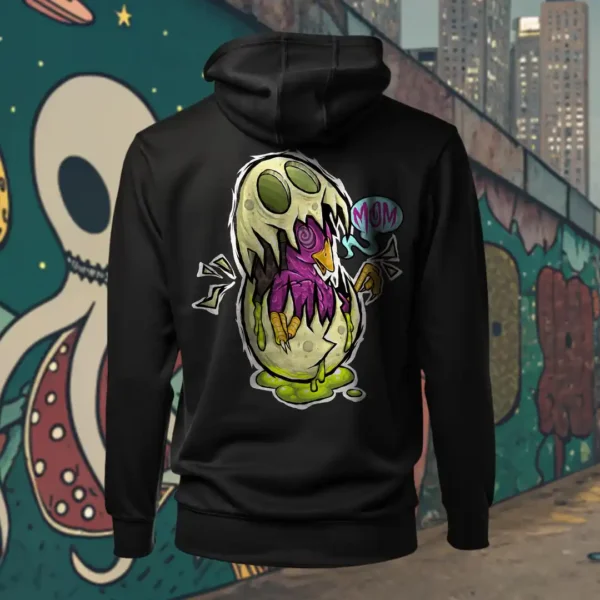 Back view of black Easy Days hoodie displaying a monsterfied balut egg rear graphic placement and hood detail.
