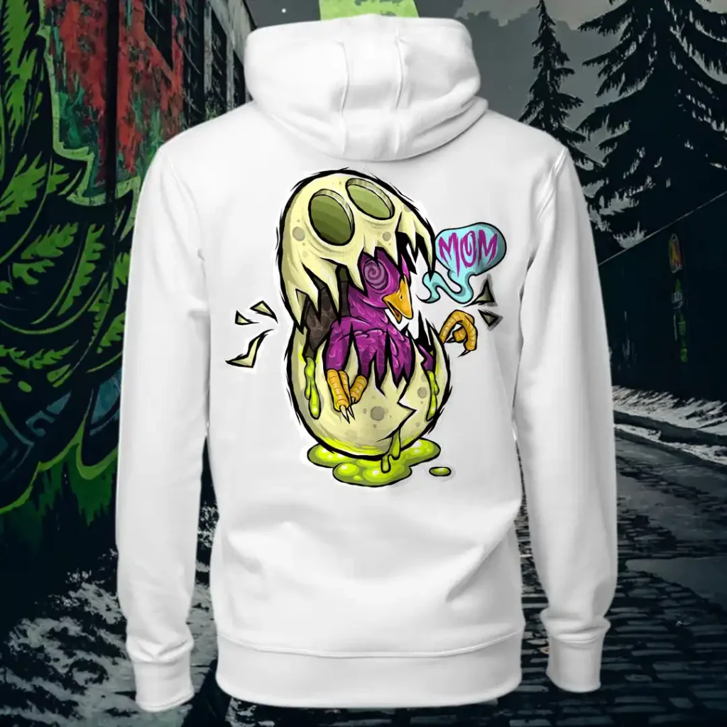 Back view of white Easy Days hoodie displaying a monsterfied balut egg rear graphic placement and hood detail.