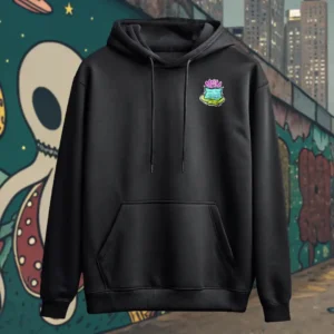 Front view of black pullover hoodie featuring a monsterfied balut egg graphic.