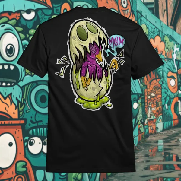 Back view of black Easy Days tshirt displaying a monsterfied balut egg rear graphic placement.