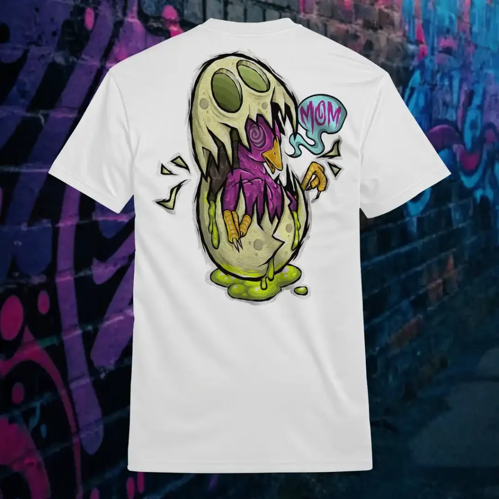 Back view of white Easy Days tshirt displaying a monsterfied balut egg rear graphic placement.