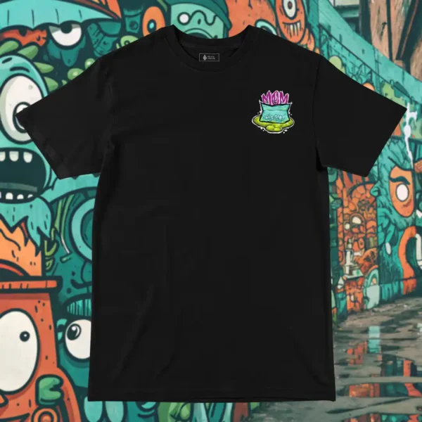 Front view of black tshirt featuring a monsterfied balut egg graphic.