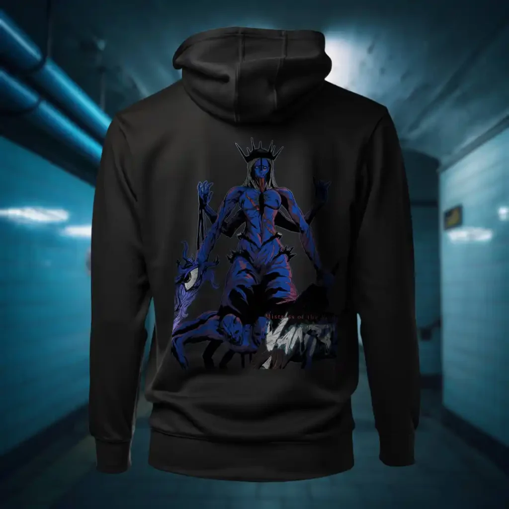 Back view of black Dark Fantasy hoodie displaying a deformed queen wearing a spike crown with several limbs, blue skin and multiple bodies for its legs rear graphic placement and hood detail