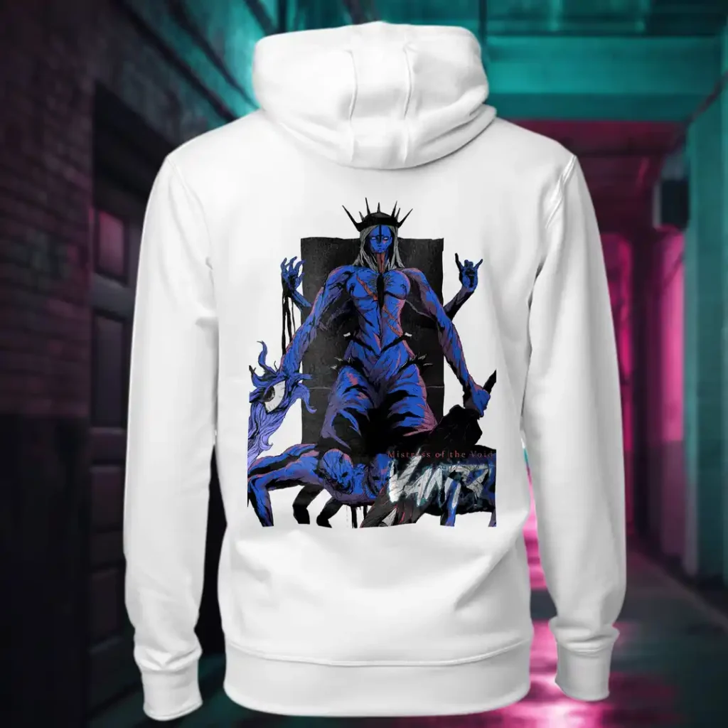 Back view of white Dark Fantasy hoodie displaying a deformed queen wearing a spike crown with several limbs, blue skin and multiple bodies for its legs rear graphic placement and hood detail